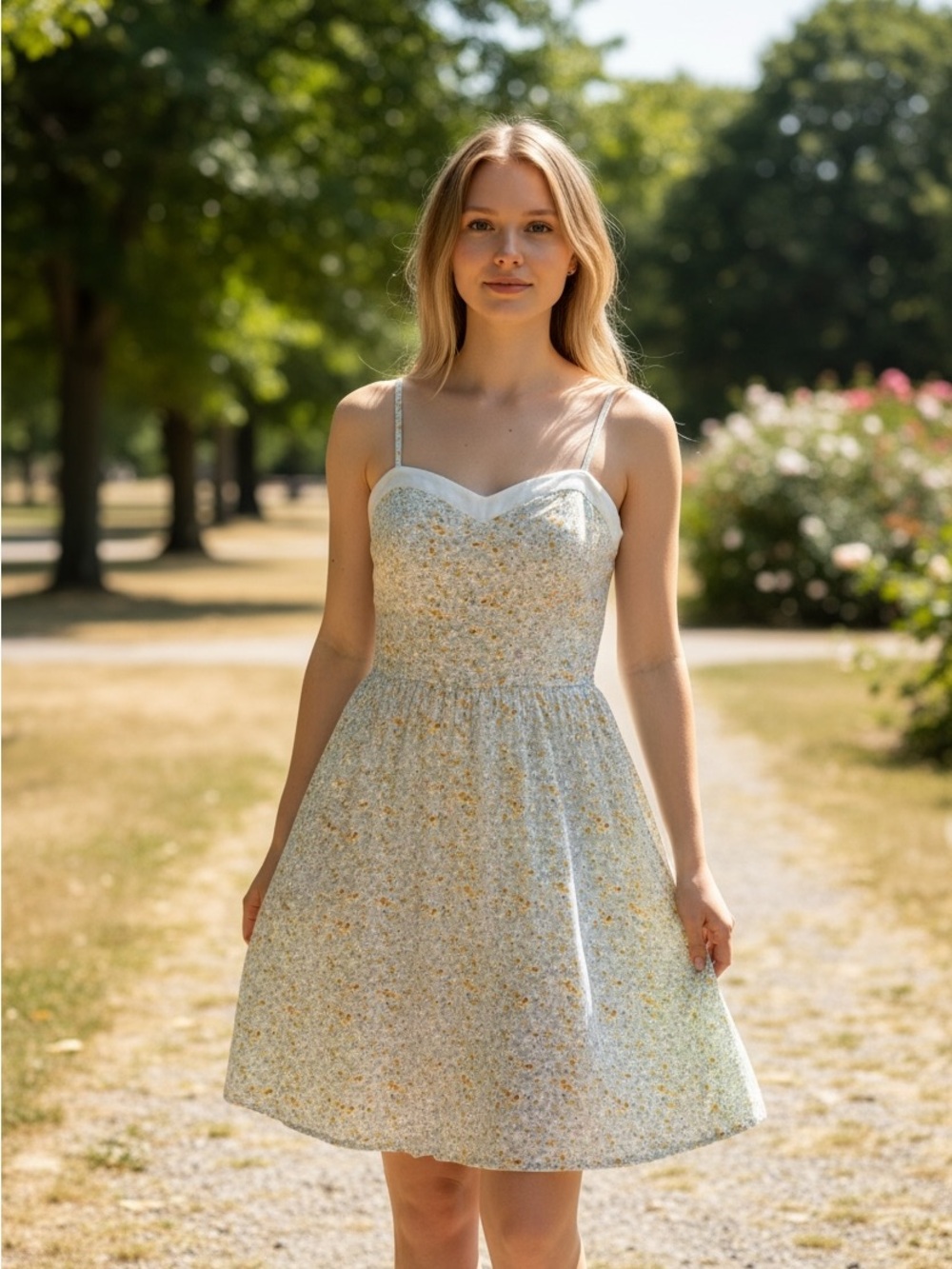 Floral Spaghetti-Strap Sundress in Light Green and Yellow